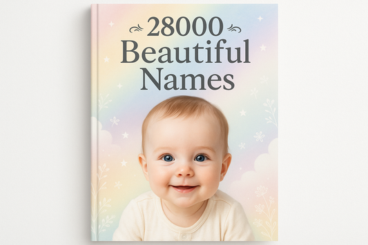 Create a PDF book cover  with a cute, colorful baby image for "28000 Beautiful Names."